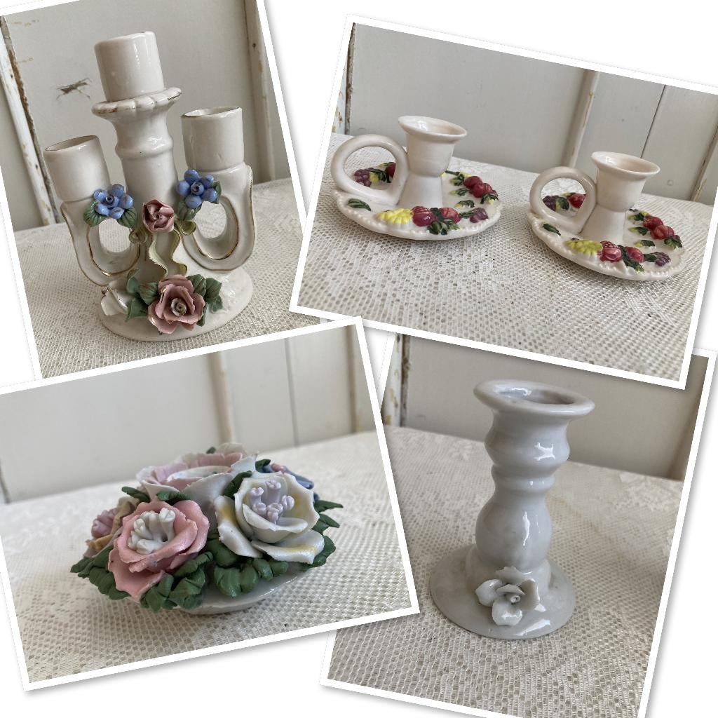 Brocante kandelaartjes met bloemornamenten, Ophalen of Verzenden