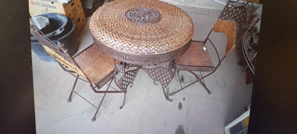Vintage Tuinset: Rotan en Metaal - 2 Stoelen en Tafel, Gebruikt, Rotan, Tuinset, Eettafel