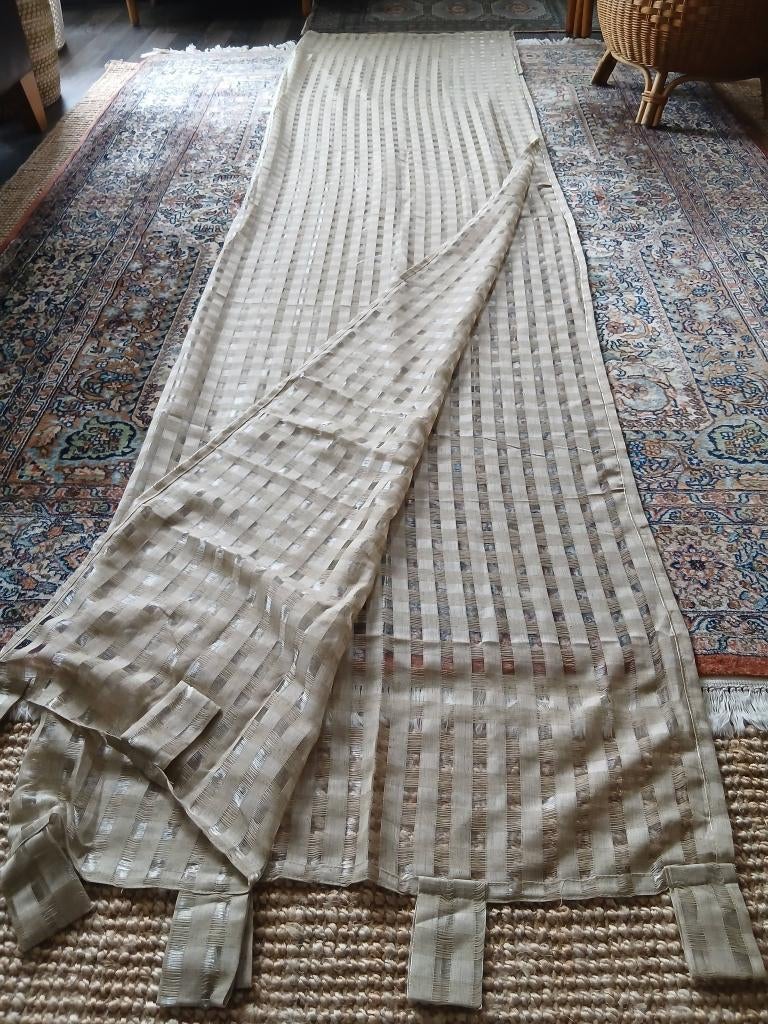 Set van 4 gordijnen goud/beige geblokt met lussen, 100 tot 150 cm, 200 cm of meer, Beige, Nieuw