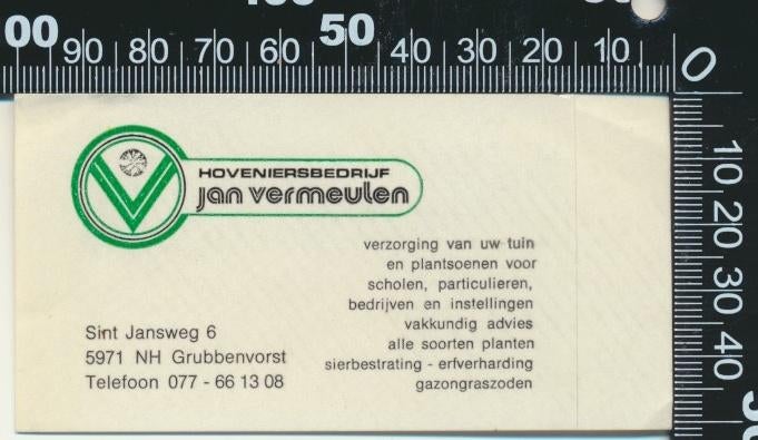 Sticker: Hoveniersbedrijf Jan Vermeulen - Grubbenvorst, Ophalen of Verzenden, Zo goed als nieuw, Bedrijf of Vereniging