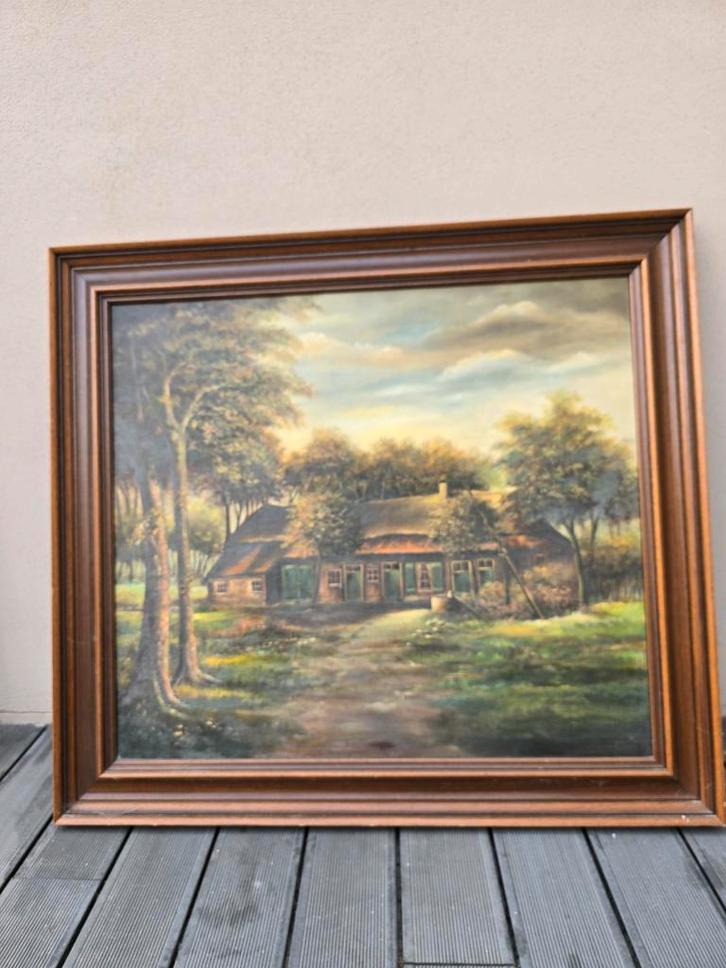 Schilderij met landschap en boerderij, Antiek en Kunst, Kunst | Schilderijen | Klassiek, Ophalen