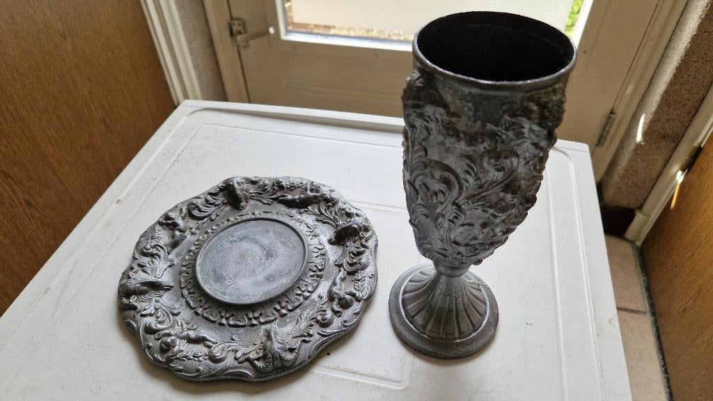antieke tinnen schaal met beker peltrato, Antiek en Kunst, Ophalen of Verzenden