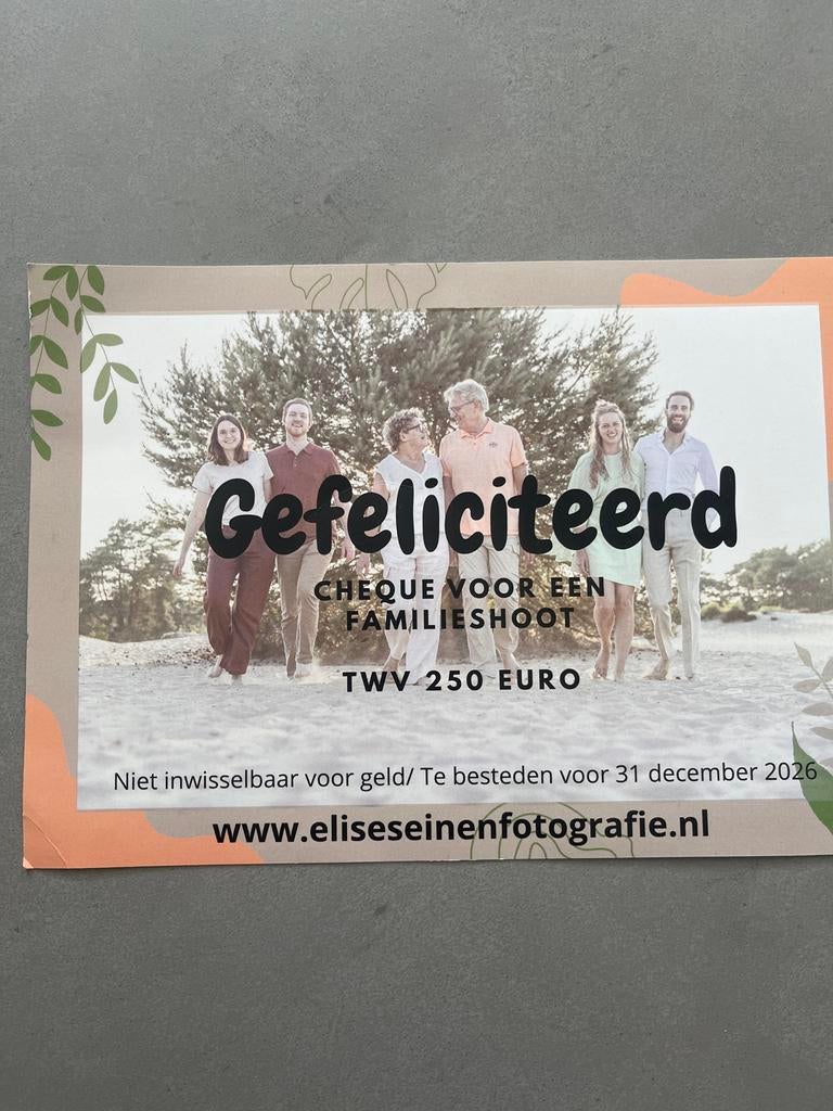 Waardebon twv €250,- fotografie, Tickets en Kaartjes, Kortingen en Cadeaubonnen, Drie personen of meer, Cadeaubon, Overige typen