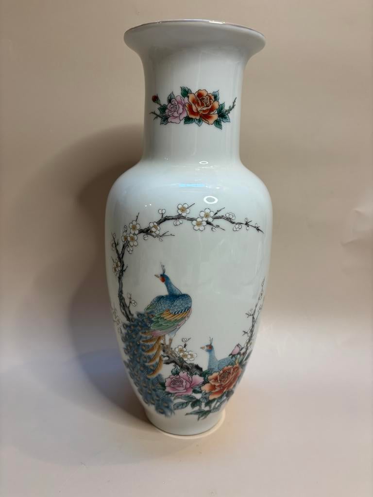 Grote vintage Japanse vaas met pauwen, 30 cm hoog, Ophalen of Verzenden
