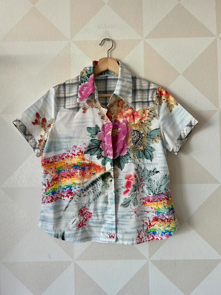 Kyushyu blouse wit vis japans M/38 vintage 90’s, Kleding | Dames, Blouses en Tunieken, Zo goed als nieuw, Maat 38/40 (M), Wit