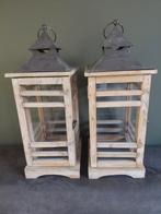 Set van 2 Houten Kandelaars/Lantaarns, Huis en Inrichting, Grijs, Gebruikt, 25 tot 50 cm, Ophalen of Verzenden