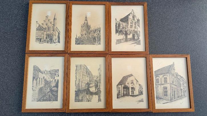 Serie tekeningen met stadsgezichten van ’s-Hertogenbosch, Antiek en Kunst, Kunst | Tekeningen en Foto's, Ophalen of Verzenden