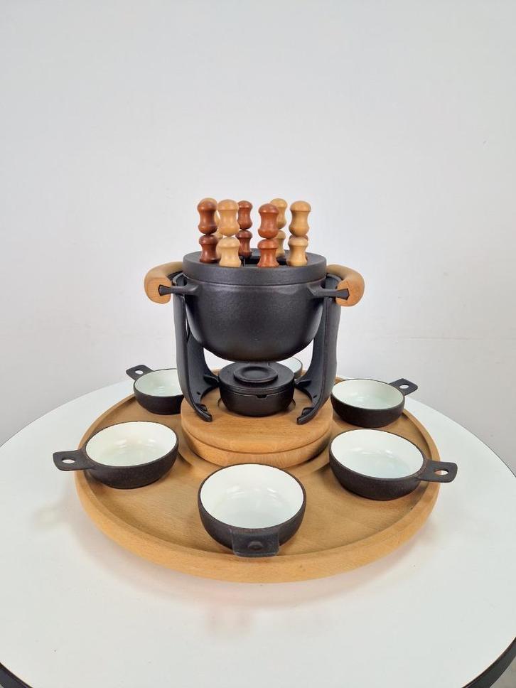 Vintage fonduepan set Nissen gietijzer hout Zweden '60 NOS, Witgoed en Apparatuur, Fonduesets, Zo goed als nieuw, Fondueset, Brander