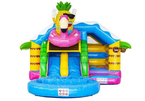Te Huur: Flamingo Springkussen met zwembadje 10 Personen, Hobby en Vrije tijd, Feestartikelen | Verhuur, Zo goed als nieuw, Verjaardag