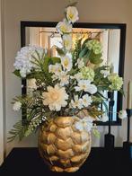 Schildpadvaas goud met wit boeket zijde bloemen, Huis en Inrichting, Ophalen, Zo goed als nieuw