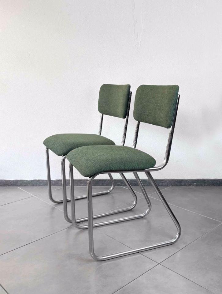 Set van twee vintage buisframe stoelen opnieuw gestoffeerd, Huis en Inrichting, Stoelen, Gebruikt, Twee, Metaal, Stof, Ophalen