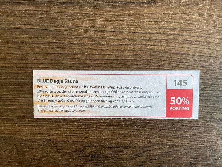 Kortingsbon voor BLUE Dagje Sauna (KWF), Tickets en Kaartjes, Kortingen en Cadeaubonnen, Spa of Sauna, Kortingsbon