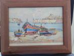 Aquarel Maltese Haven met Boten in Lijst, Ophalen of Verzenden