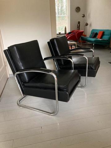 2 Vintage Chroom Jaren '30 Thonet K 410 Fauteuils Zwart beschikbaar voor biedingen