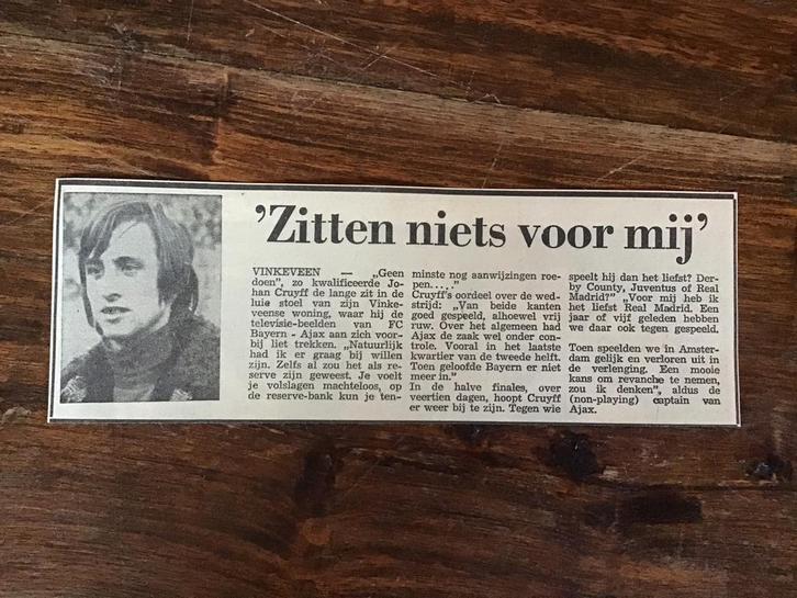 Voetbal krantenartikel Cruijff “zitten niets voor mij” 1973, Verzamelen, Sportartikelen en Voetbal, Ajax, Ophalen of Verzenden