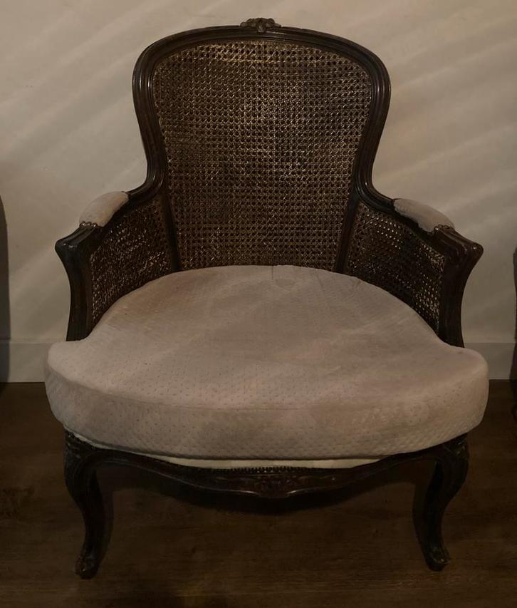 2 antieke brocante fauteuils hout beige, Huis en Inrichting, Fauteuils, Gebruikt, Hout, 50 tot 75 cm, Minder dan 75 cm, Ophalen