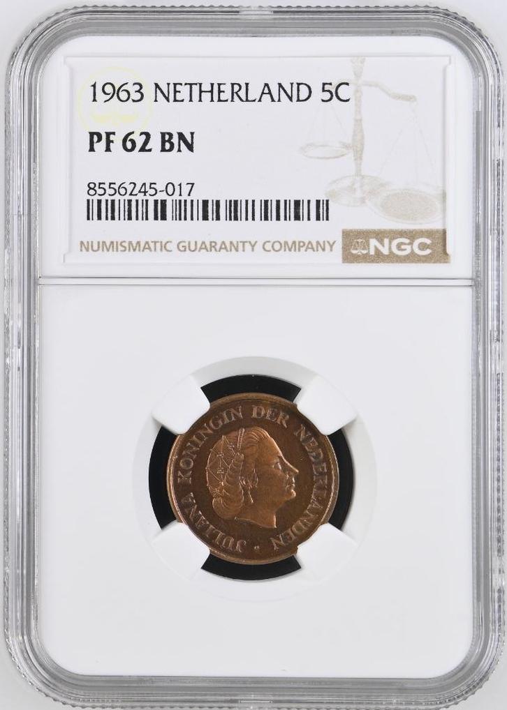 5 cent 1963 NGC Proof 62 BN (€ 225), Postzegels en Munten, Munten | Nederland, Losse munt, 5 cent, Koningin Juliana, Verzenden