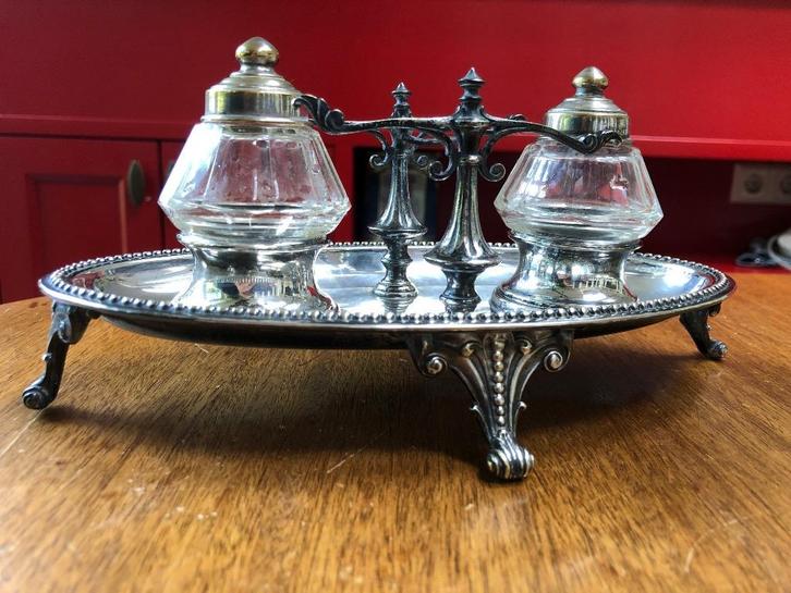 inktstel, verzilverd, 2 kristellen potjes WMFH,, Antiek en Kunst, Antiek | Kantoor en Zakelijk, Ophalen of Verzenden