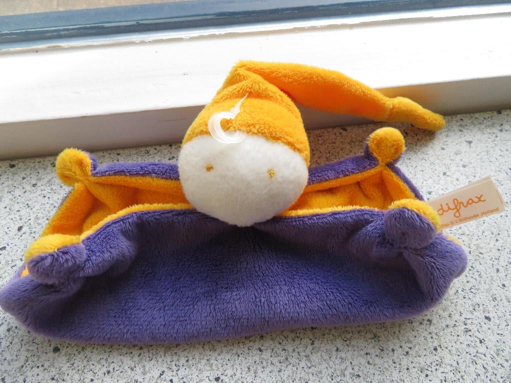 Softdoek van Difrax knuffelpop kleine maat paars donkergeel, Ophalen of Verzenden, Nieuw, Overige typen