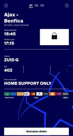 Ajax Benfica 3 kaarten naast elkaar vak 402, Tickets en Kaartjes, Seizoenskaart, Drie personen of meer, November, Europa of Champions League
