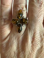 S048/Zilveren Grote AMBER Bloem ring 17 1/2 laag geprijsd!, Gebruikt, Verzenden, X, Dame