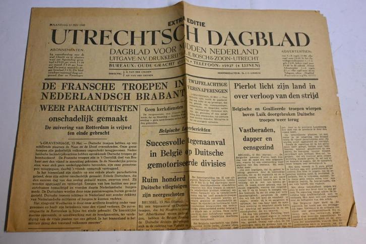 13 mei 1940 krant Utrechts dagblad wo2, Verzamelen, Militaria | Tweede Wereldoorlog, Overige soorten, Boek of Tijdschrift, Nederland