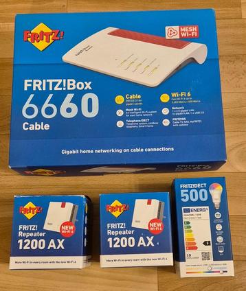 Fritz!Box 6660 Cable modem en 2 maal Wi-Fi Repeaters. beschikbaar voor biedingen