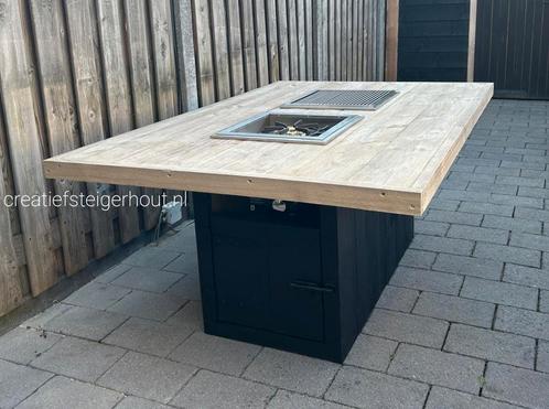 BBQ-tafel houtskoolbarbecue en wokbrander ingebouwd in tafel, Tuin en Terras, Houtskoolbarbecues, Nieuw, Ophalen of Verzenden