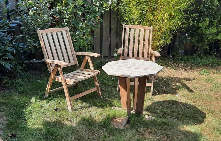 3-delige Scandinavisch houten tuinset, 2 (lig)stoelen+tafel, Tuin en Terras, Tuinsets en Loungesets, Gebruikt, Tuinset, Hout, 2 zitplaatsen