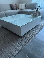 Wit hoogglans salontafel + bijzettafel met glazen blad, Ophalen, 50 tot 100 cm, Minder dan 50 cm, Rechthoekig