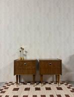 Vintage set nachtkastjes fineer retro deens design messing, Vintage, Vintage, 55 tot 70 cm, Zo goed als nieuw