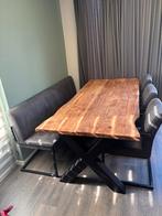 Massief houten eettafel set met bank en 3 stoelen, Ophalen, Gebruikt, 200 cm of meer, 50 tot 100 cm