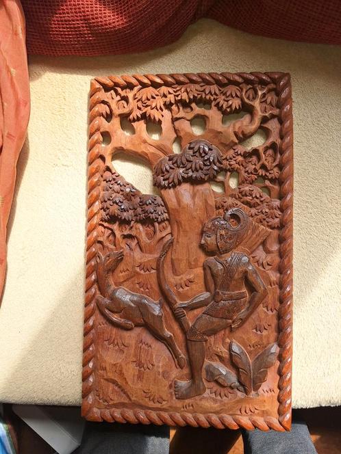 Houten Paneel - Jager en Hert - Indonesisch Houtsnijwerk, Antiek en Kunst, Kunst | Beelden en Houtsnijwerken, Ophalen of Verzenden