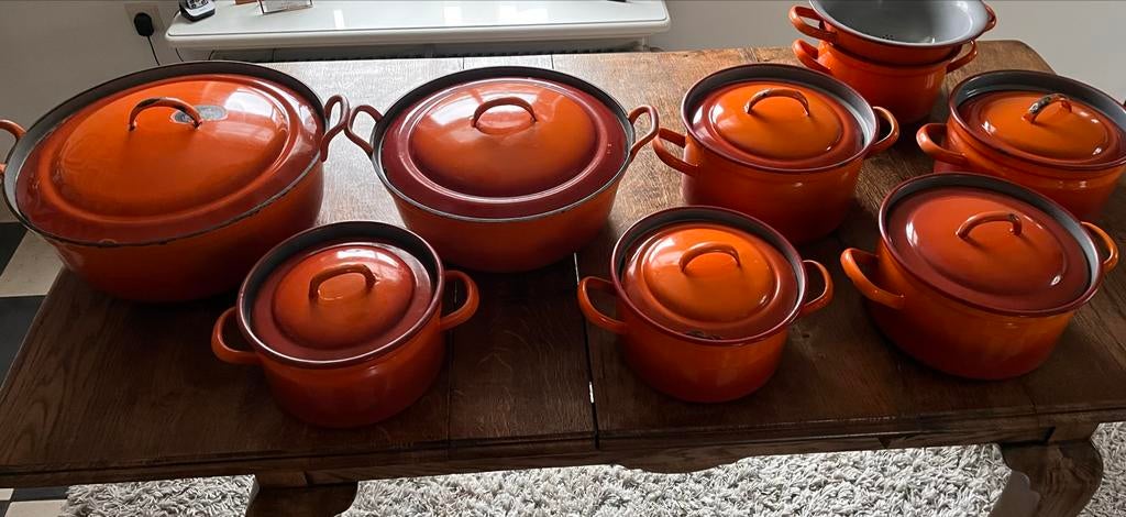 Vintage Emaille Pannenset Oranje, met vergiet, antiek, retro, Huis en Inrichting, Keuken | Potten en Pannen, Ophalen, Gebruikt