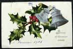 Reliefkaart Kerstmis met hulst en kerstklokken, 1906, Gelopen, Feest(dag), Voor 1920, Verzenden