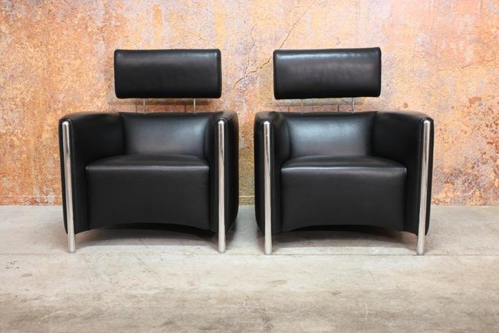 Als NIEUW! 2 zwarte leren Leolux Goncharov design fauteuils, Huis en Inrichting, Fauteuils, Zo goed als nieuw, Leer, Metaal, 75 tot 100 cm