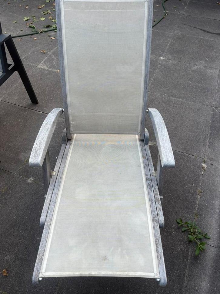 Teakhouten ligstoel met textileen – Les Jardins, Tuin en Terras, Ligbedden, Zo goed als nieuw, Teakhout, Verstelbaar, Ophalen