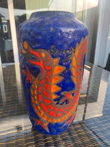 Vintage Vaas met Drakenmotief Blauw/Oranje Scheurich vaas. beschikbaar voor biedingen