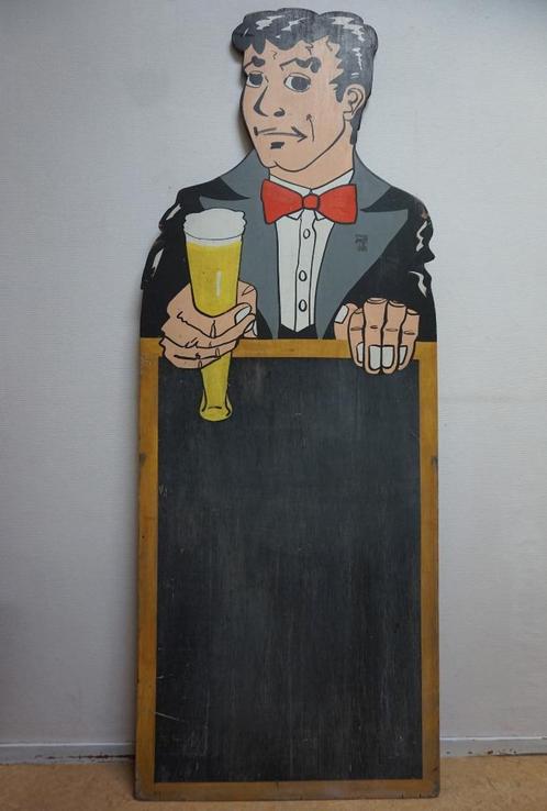 Vintage bistro-cafe krijtbord, Ober met glas bier, Verzamelen, Biermerken, Gebruikt, Overige typen, Overige merken, Ophalen