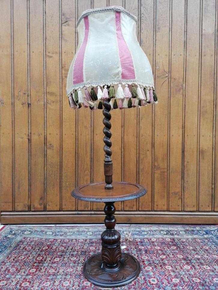 Vintage houten staanlamp, Huis en Inrichting, Lampen | Vloerlampen, Minder dan 100 cm, Hout, Stof, Ophalen