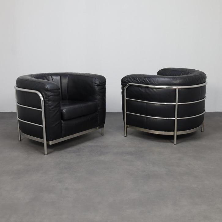 Set of 2 Onda Lounge Chairs by Zanotta, Italy, 1980s, Huis en Inrichting, Fauteuils, Gebruikt, Leer, Metaal, Ophalen