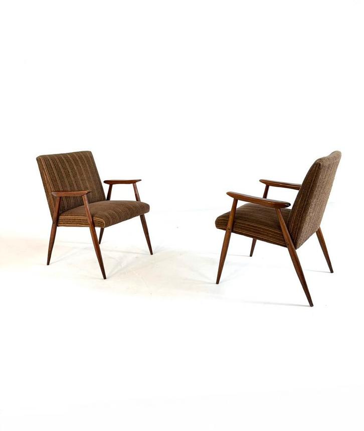 Set van 2 vintage fauteuils, jaren ‘60, Huis en Inrichting, Stoelen, Zo goed als nieuw, Twee, Hout, Stof, Bruin, Ophalen of Verzenden