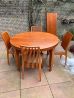 Ronde verstelbare houten tafel met stoelen, Huis en Inrichting, Tafels | Eettafels, Ophalen, Gebruikt, Rond, Vijf personen of meer