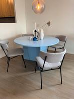 Blauwe ronde eettafel met 4 stoelen (Woood eettafel Jace), Ophalen, Gebruikt, 100 tot 150 cm, Rond