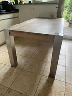 Massieve eiken tafel met RVS poten en whitewash afwerking, Huis en Inrichting, Tafels | Eettafels, Ophalen, Gebruikt, 50 tot 100 cm