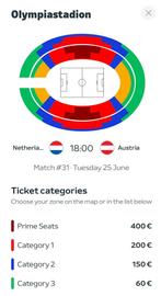 2x CAT1 - Nederland - Oostenrijk EK2024 -  25-06-2024, Tickets en Kaartjes, Sport | Voetbal, Juni, Losse kaart, Twee personen