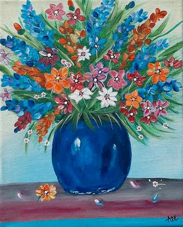 Schilderij bloemen in vaas kleurrijk acryl op canvas  beschikbaar voor biedingen