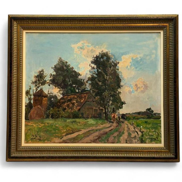 Johanes Elsinga (1893-1969) - 'Boerderij met hooimijt', Antiek en Kunst, Kunst | Schilderijen | Klassiek, Ophalen of Verzenden