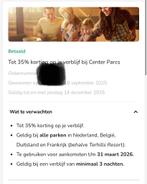 Kortingsvoucher centerparcs 35%!, Tickets en Kaartjes, Drie personen of meer, Kortingsbon, Bungalowpark