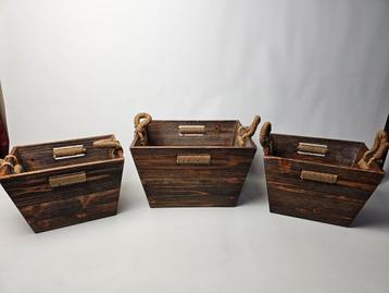3 Aziatische Houten Bakken Set met Sisaltouw beschikbaar voor biedingen
